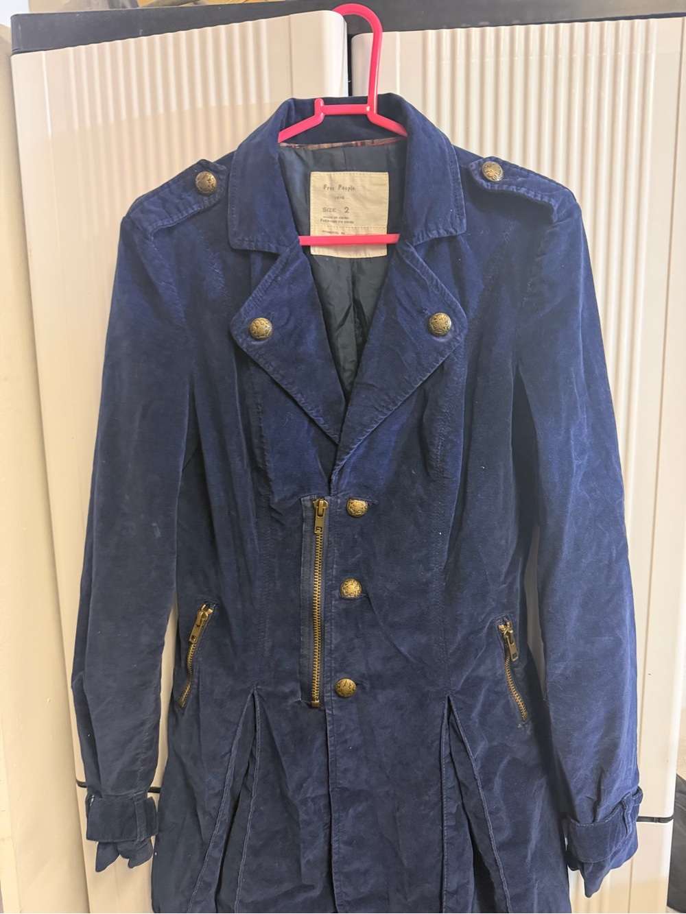 Free People Navy Corduroy Military-Style Trench Coat